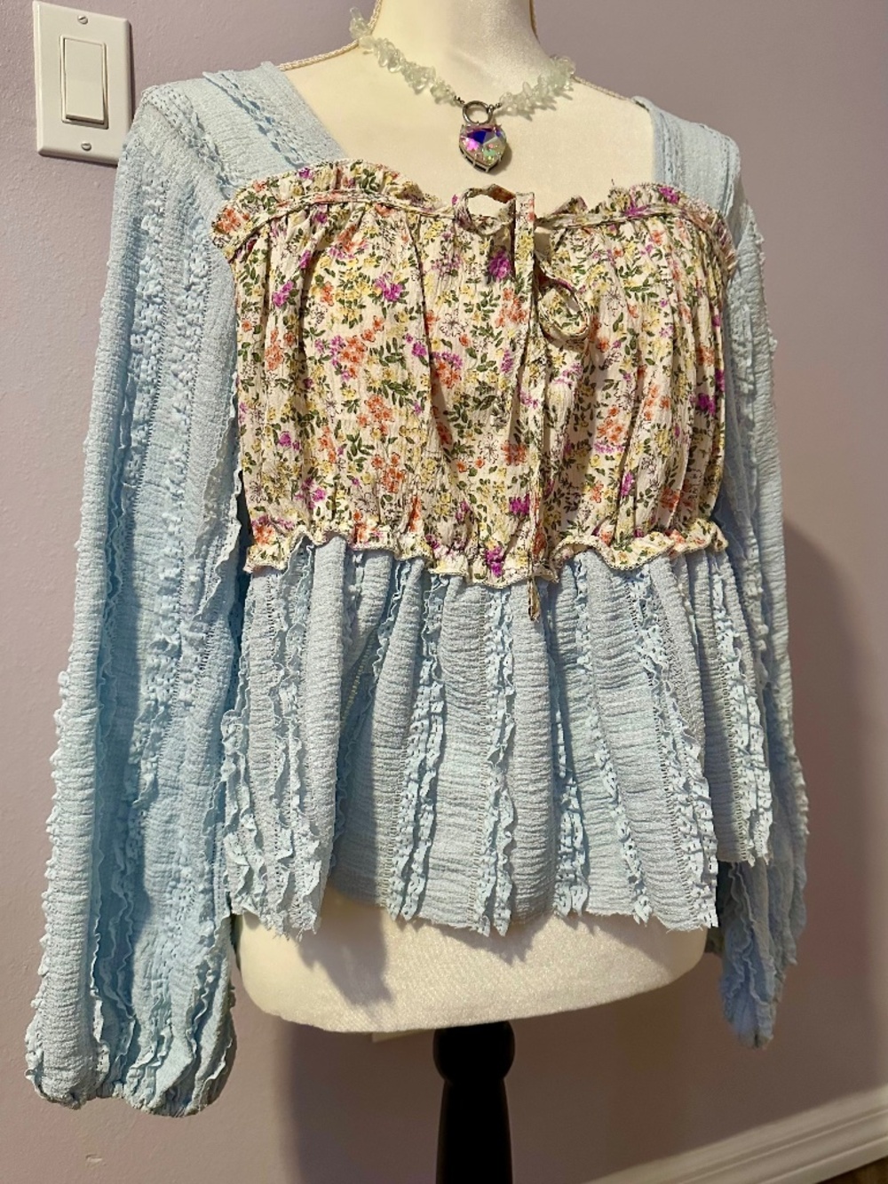 POL Square Neck Lace Long Sleeve Blue Floral Top M